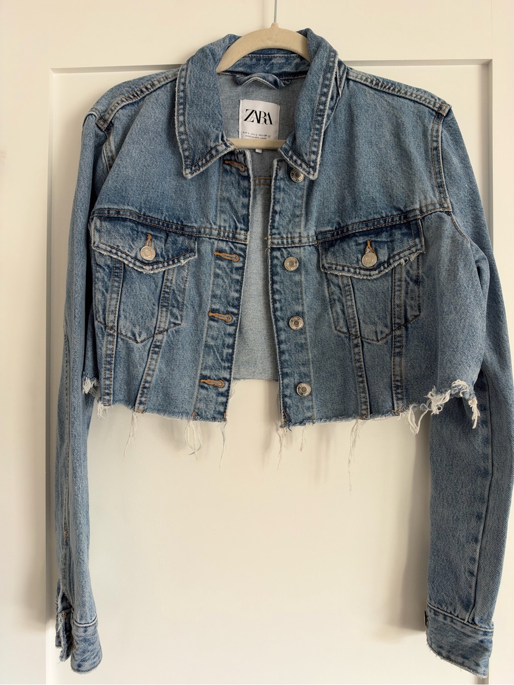 ZARA Cropped Distressed Denim Jacket - Light Blue